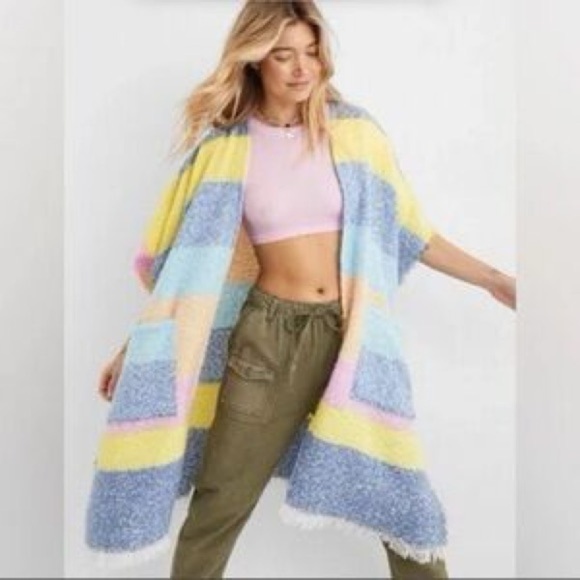 aerie Sweaters - Aerie one size NWT striped poncho pockets blue yellow pink